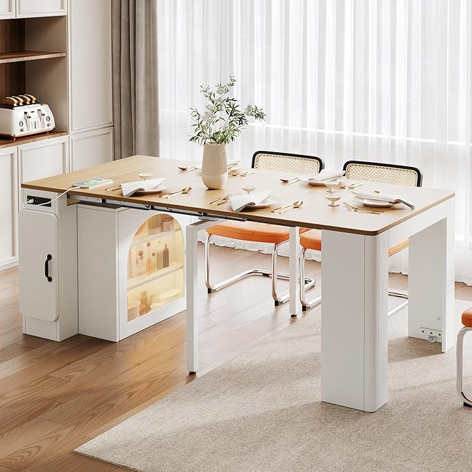 Extendable Console Dining Table with Power Outlet & Iron Support Legs, Console Table with Extension Leaves Holder & LED Lights Glass Door Storage for Dining Room (Cream White)