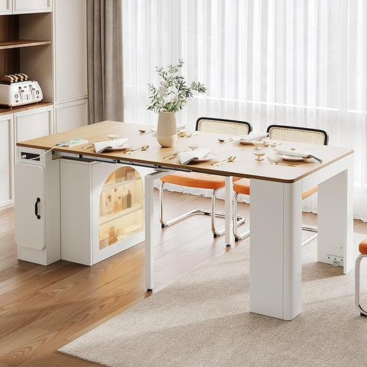 Extendable Console Dining Table with Power Outlet & Iron Support Legs, Console Table with Extension Leaves Holder & LED Lights Glass Door Storage for Dining Room (Cream White)