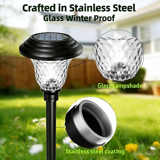 Beau Jardin 8 Pack Solar Pathway Lights White+Color Changing Stainless Steel 3 Mode Outdoor Multicolor Metal Solar Powered Waterproof Glass for Garden Landscape Path Yard Walkway Driveway Black