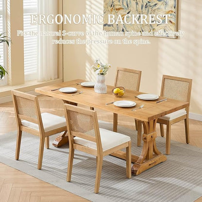 Modern Wooden Dining Chair Set of 2, Farmhouse Kitchen & Dining Room Chair with Solid Wood Legs, Rattan Upholstered Kitchen Chairs for Restaurant/Living Room (Beige, Set of 2)