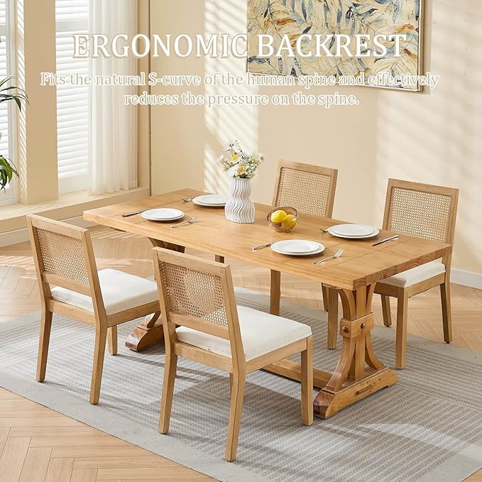 Modern Wooden Dining Chair Set of 6, Farmhouse Kitchen & Dining Room Chair with Solid Wood Legs, Rattan Upholstered Kitchen Chairs for Restaurant/Living Room (Beige, Set of 6)