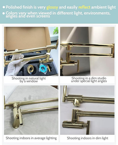 WOWOW Pot Filler Faucet Polished Brass, Kitchen Pot Filler Wall Mount Stove Faucet with Double Joint Swing Arms