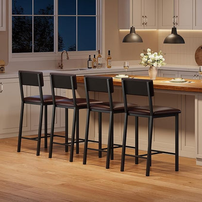 GarveeHome Bar Stools Set of 4 with Back & Footrest, Upholstered Counter Stools with Thickened Metal Legs, 24.8 Inches Counter Height Barstools, for Kitchen Island, Bar, Brown