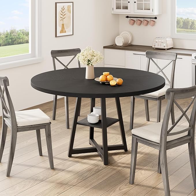 Garvee 47.2 in Round Dining Table for 4-6 People, Industrial Round Kitchen Table with Sturdy Metal Pedestal Base & Storage Shelf, Circle 4 Dinner Table for Dinner, Kitchen, Dining Room