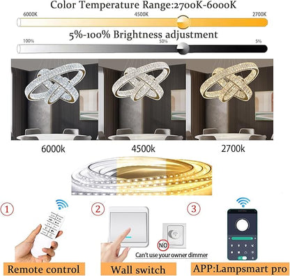 Modern Led Gold Ring Chandelier Luxury 3 Ring Crystal Chandelier Led Dimmable Light for Dining Room Height Adjustable Led Pendant Light 32''+24''+16''
