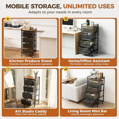 5 Tier Kitchen Storage Cart with Wheels, Utility Fruit Vegetable Storage Rack Stand with Pull-Out Baskets & Wood Top, Metal 4-Drawers Rolling Snack Cart, Kitchen Cart for Potato Onion(Black)