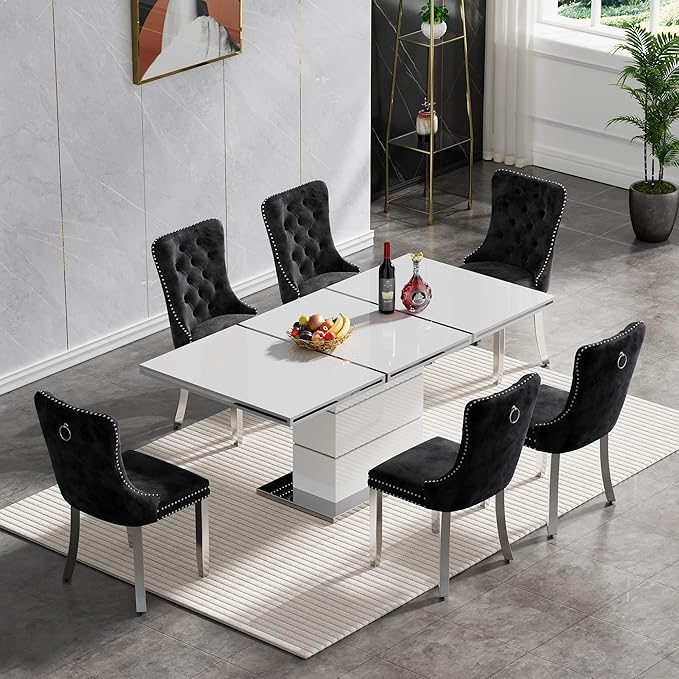 70" White Dining Table for 4 6, Modern Glossy Kitchen Table with 1.5" Thick Lacquered Tabletop and Silver Stainless Steel Trim, Luxury Rectangular Dinner Tables for Dining Room
