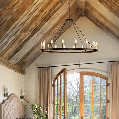 43" Wagon Wheel Chandelier, 16-Light Farmhouse Chandeliers for Dining Room, Black and Gold Foyer Lighting Fixtures, Hanging Pendant Lights Kitchen Island, for Living Room, Entryway, Hallway