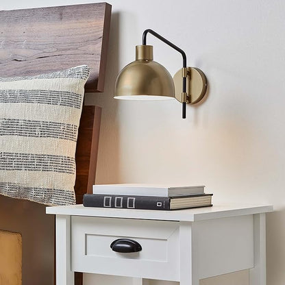 Globe Electric 51719 1-Light Plug-in or Hardwire Wall Sconce, Antique Brass, Matte Black Accent, Fabric Cord, in-Line On/Off Switch, Kitchen, Reading Light, Home Essentials, Bedroom, Bedside Lamp