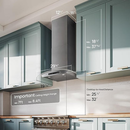 VIKIO HOME 30" Wall Mount Range Hood Tempered Glass 900 CFM, Kitchen Vent Stainless Steel with Gesture Sensing, Touch Control Switch Panel, Suitable for 7-9ft, Ducted, 3-Speed, Permanent Filter