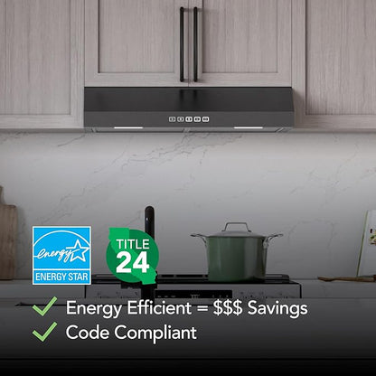 Broan-NuTone 36 Inch Glacier Under Cabinet Range Hood, ENERGY STAR, 350 Max Blower CFM - Electric Rangehood and Exhaust for Kitchen Stove Cooking and Ventilation, Black Stainless Steel
