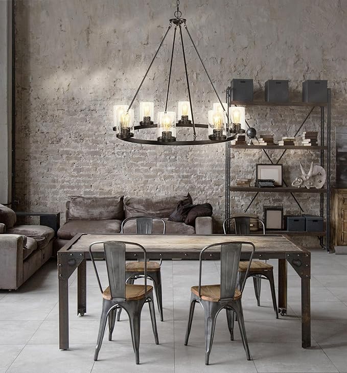 JONATHAN Y 33.5" Oil Rubbed Bronze 8-Light Rustic Farmhouse LED Chandelier, Round Metal Wagon Wheel Pendant Lighting for Dining Room Kitchen with Seeded Glass Shade (JYL7554A)