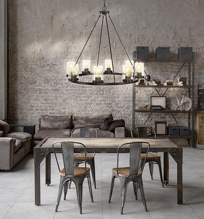 JONATHAN Y 33.5" Oil Rubbed Bronze 8-Light Rustic Farmhouse LED Chandelier, Round Metal Wagon Wheel Pendant Lighting for Dining Room Kitchen with Seeded Glass Shade (JYL7554A)
