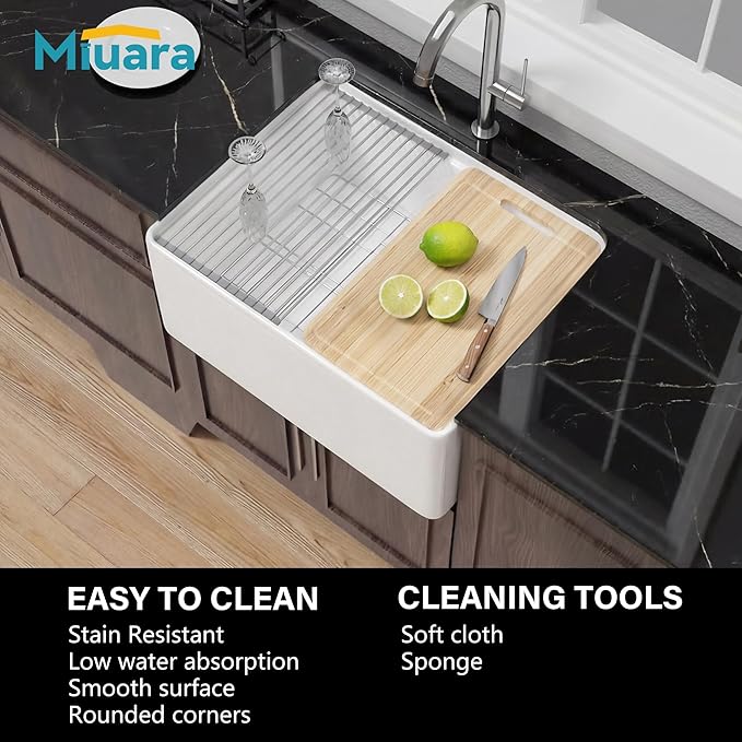 Miuara White Farmhouse Workstation Sink 24 Inch - Small Fireclay Apron Front Kitchen Sink Undermount 24"x18"x10", Farm House Style Heavy Duty Deep Single Bowl for Kitchen & Small Space