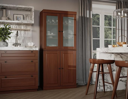 Palace Imports Solid Wood Kitchen Pantry w/Frosted Glass & Wooden Doors and Adjustable Shelves, Mocha, 32" w x 71.5" h, 100% Renewable Eco-Friendly Wood, Made in Brazil