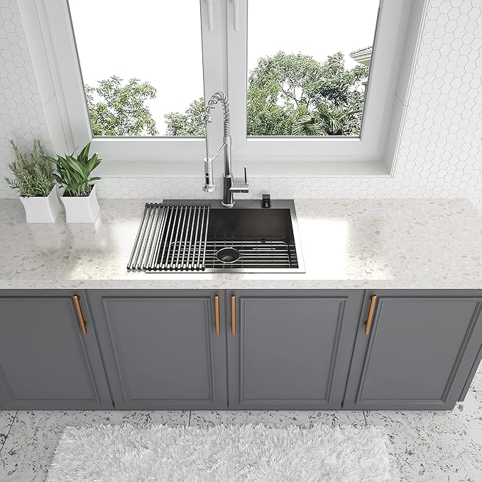 28x22 Drop In Kitchen Sink Black 16 Gauge Stainless Steel Single Bowl Drop Kitchen Sinks Nano PVD Gunmetal Black Handmade Large Deep Topmount Sinks, 28x22x9 Inch