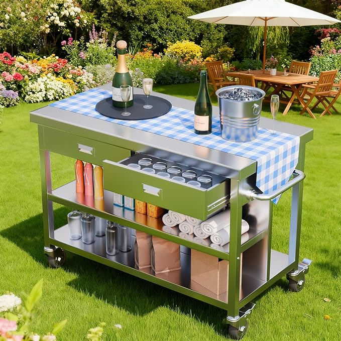 KINGBO 50" Stainless Steel Kitchen Island with Storage, Rolling Kitchen Island Table with 2 Drawers on Wheels, Portable Island Cart for Kitchen, Outdoor, Restaurant, Cafe