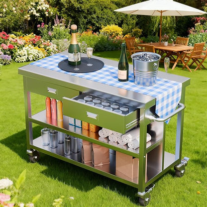 KINGBO 50" Stainless Steel Kitchen Island with Storage, Rolling Kitchen Island Table with 2 Drawers on Wheels, Portable Island Cart for Kitchen, Outdoor, Restaurant, Cafe