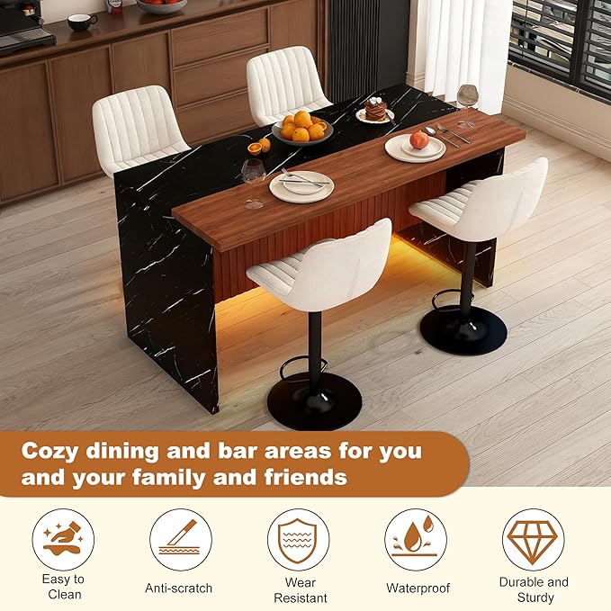 Montary 63-inch Modern Kitchen Island and Dining Table Set with 4 Swivel Stools, Marble-Look Countertop with LED Lights and Metal Grille Design, for Kitchen, Living Room,Black & Beige