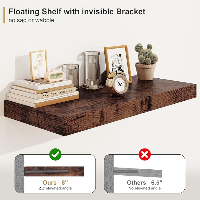 Heimlove 12" Deep Rustic Brown Floating Shelves,Over Toilet Long Wall Mounted Modern Farmhouse 36 inches,Wall Shelves with Invisible Brackets for Bedroom, Bathroom, Living Room, Kitchen, Set of 1