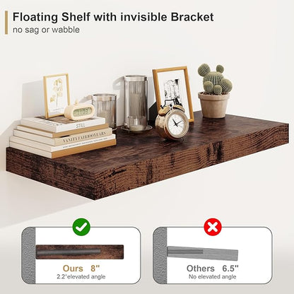 Heimlove 12" Deep Rustic Brown Floating Shelves,Over Toilet Long Wall Mounted Modern Farmhouse 36 inches,Wall Shelves with Invisible Brackets for Bedroom, Bathroom, Living Room, Kitchen, Set of 1