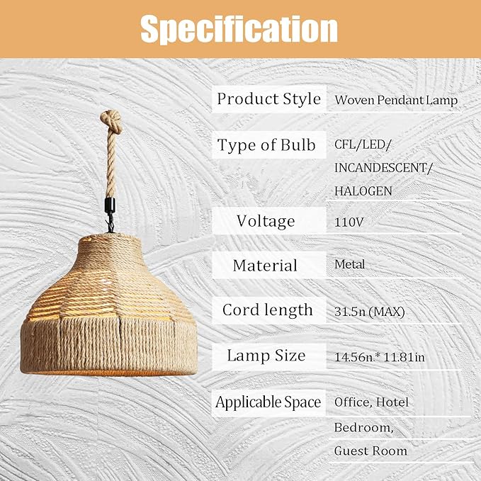 GWY Hemp Rope Weaved Pendant Lamp, Retro Natural Rattan Handmade Woven E27 Chandelier Hanging Light Ceiling Lighting Fixture for Living Room Bedroom Restaurant Cafe Teahouse Bar Dining Room Club