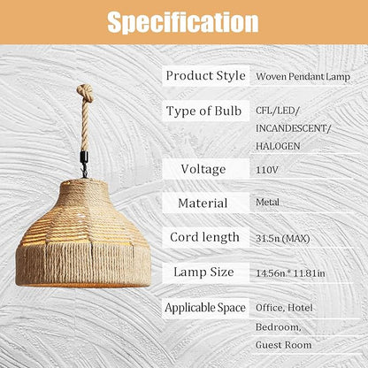 GWY Hemp Rope Weaved Pendant Lamp, Retro Natural Rattan Handmade Woven E27 Chandelier Hanging Light Ceiling Lighting Fixture for Living Room Bedroom Restaurant Cafe Teahouse Bar Dining Room Club