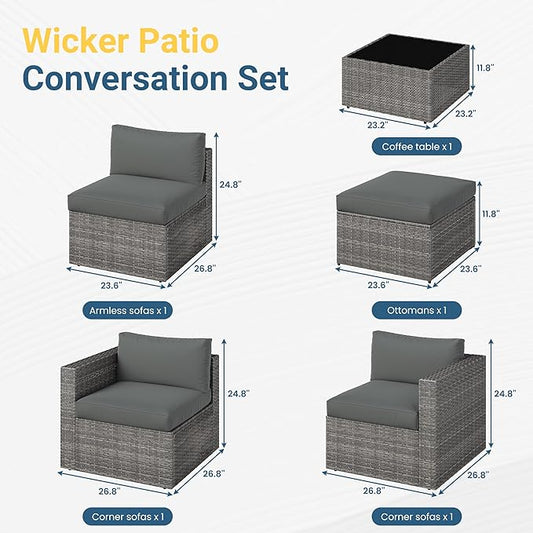 Wisteria Lane 5-Pieces Outdoor Patio Furniture Set, All Weather Wicker Rattan Sectional Sofa, Patio Conversation Set with Cushions & Glass Coffee Table for Backyard Porch Garden Balcony, Grey