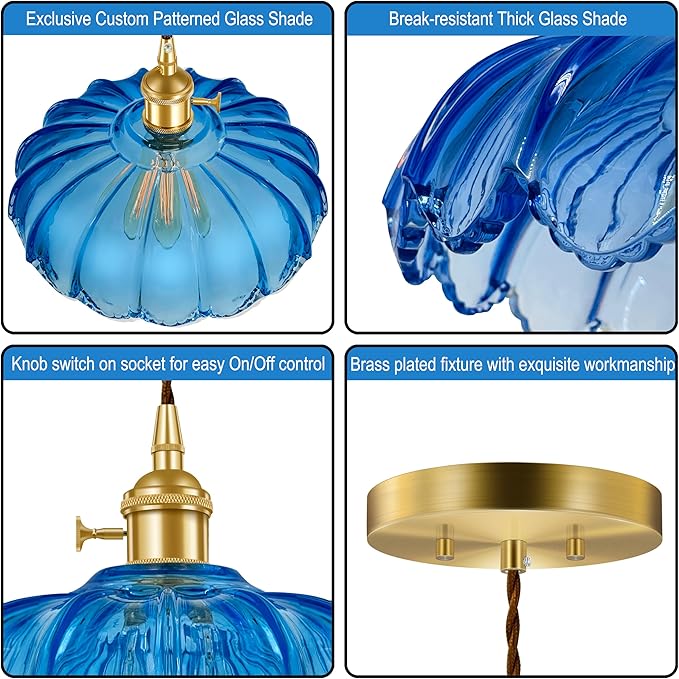 Pendant Light Fixture, Hanging Light Fixture, Glass Shade Pendant Light with Rotary Switch, Modern Lamp for Kitchen Island, Bedroom, Dining Room, Living Room (Blue Lotus, Hard-Wired)