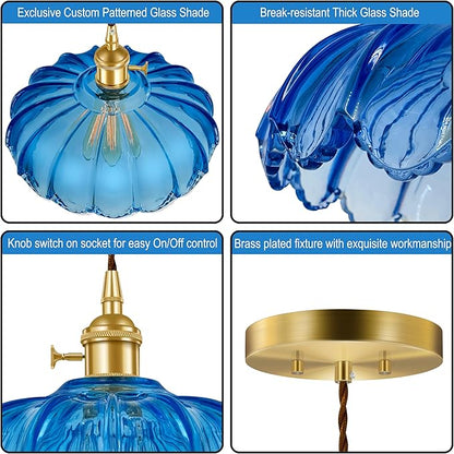 Pendant Light Fixture, Hanging Light Fixture, Glass Shade Pendant Light with Rotary Switch, Modern Lamp for Kitchen Island, Bedroom, Dining Room, Living Room (Blue Lotus, Hard-Wired)