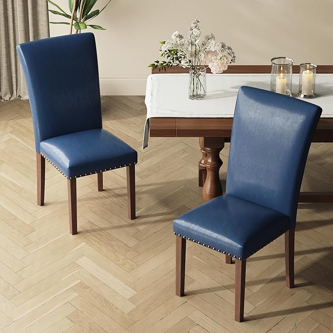 COLAMY Upholstered Parsons Dining Chairs Set of 4, PU Leather Dining Room Kitchen Side Chair with Nailhead Trim and Wood Legs - Blue
