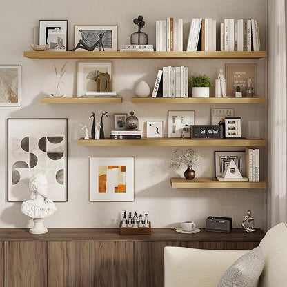 Fun Memories 72 Inch Floating Shelves for Wall, 8 Inch Deep Floating Shelf, Large Shelves with Invisible Bracket for Books|Storage, Rustic Wood Wall Shelf for Bedroom, Kitchen, Living Room, Oak