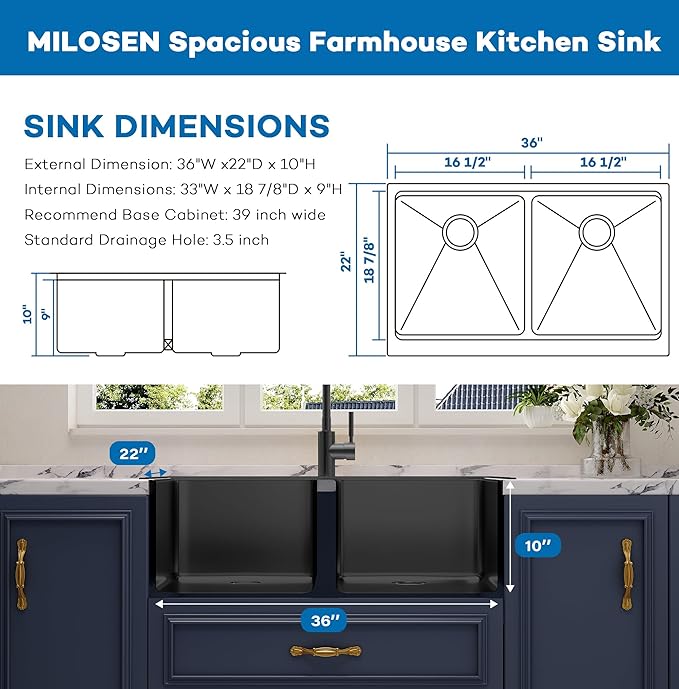 MILOSEN 36 Inch Black Farmhouse Kitchen Sink, 36''x22'' Drop-in Stainless Steel Workstation Apron Front Sink with Ledge & Accessories, 50/50 Double Bowl Farm Sinks, 10'' Large and Deep Handmade Sinks