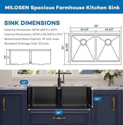 MILOSEN 36 Inch Black Farmhouse Kitchen Sink, 36''x22'' Drop-in Stainless Steel Workstation Apron Front Sink with Ledge & Accessories, 50/50 Double Bowl Farm Sinks, 10'' Large and Deep Handmade Sinks