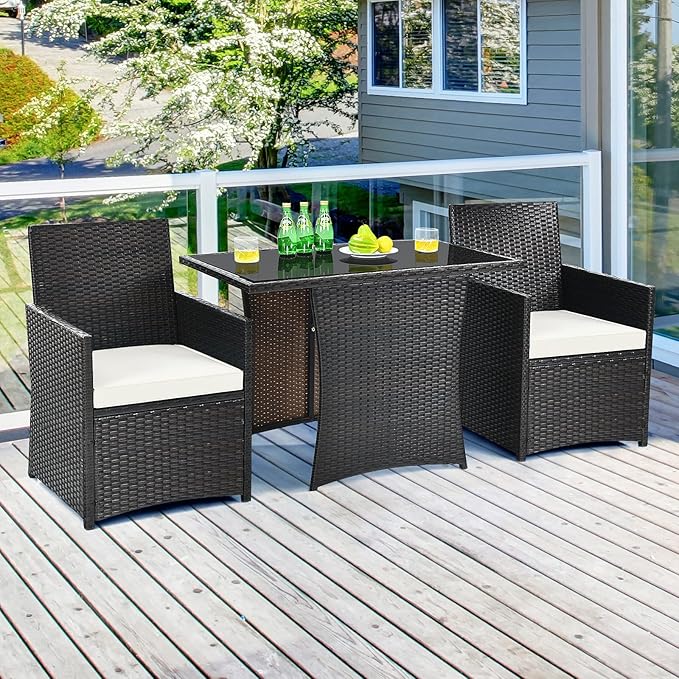 Tangkula 3 Pieces Patio Dining Set, Space-Saving PE Rattan Bistro Set with Tempered Glass Top Table and Cushioned Chairs, Outdoor Conversation Set for Garden Backyard Poolside Porch (White)