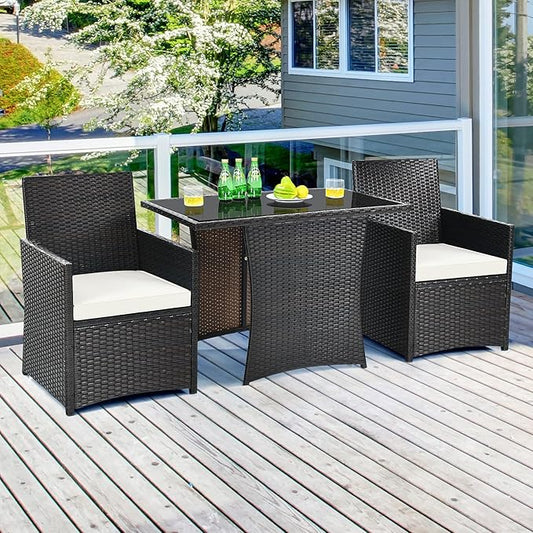 Tangkula 3 Pieces Patio Dining Set, Space-Saving PE Rattan Bistro Set with Tempered Glass Top Table and Cushioned Chairs, Outdoor Conversation Set for Garden Backyard Poolside Porch (White)