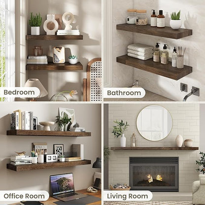 Fun Memories Solid Elm Wood Floating Shelves Set of 2-36 Inch Rustic Wall Shelves with Heavy-Duty Invisible Brackets - for Living Room, Kitchen, Bedroom, Bathroom - Walnut Finish