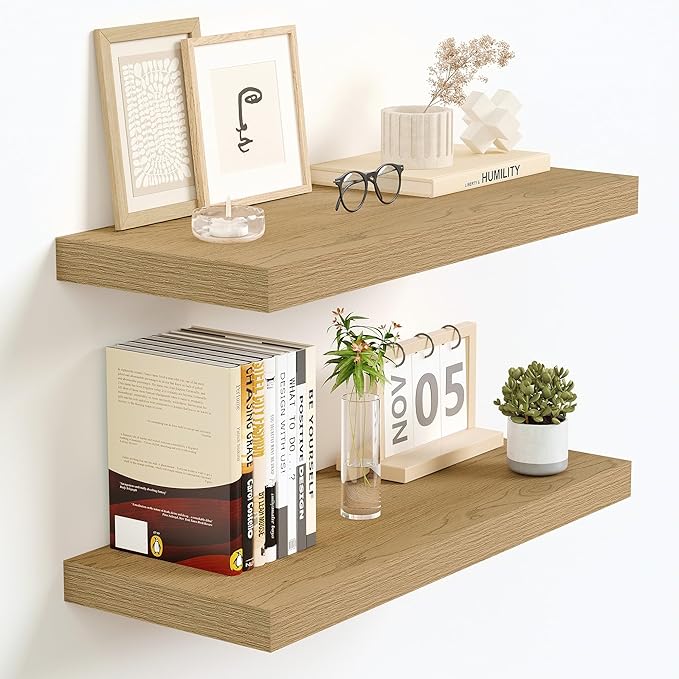 Vivelove 16 Inch Floating Shelves for Wall, 16x9 Display Shelves for Bathroom Living Room Kitchen Bedroom Office Farmhouse Home Decor - Set of 2, Oak