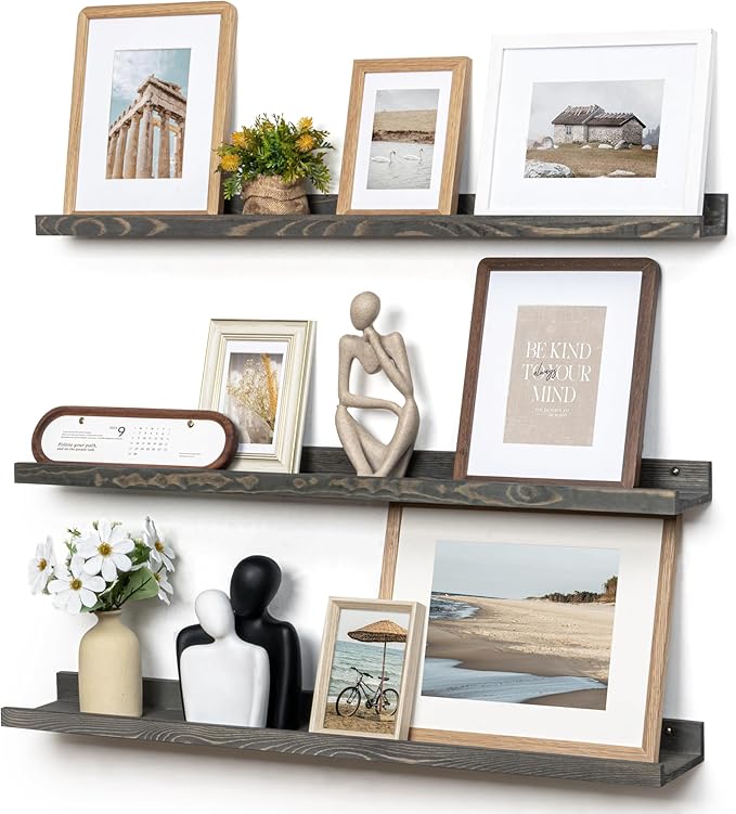 FLYJOE Picture Ledge Wall Shelves - 36 Inch Width Set of 3, Solid Pine Wood Rustic Floating Ledge Shelves for Kids' Room, Bedroom, Kitchen, Bathroom, Living Room, Nursery Display Wall Decor, Grey