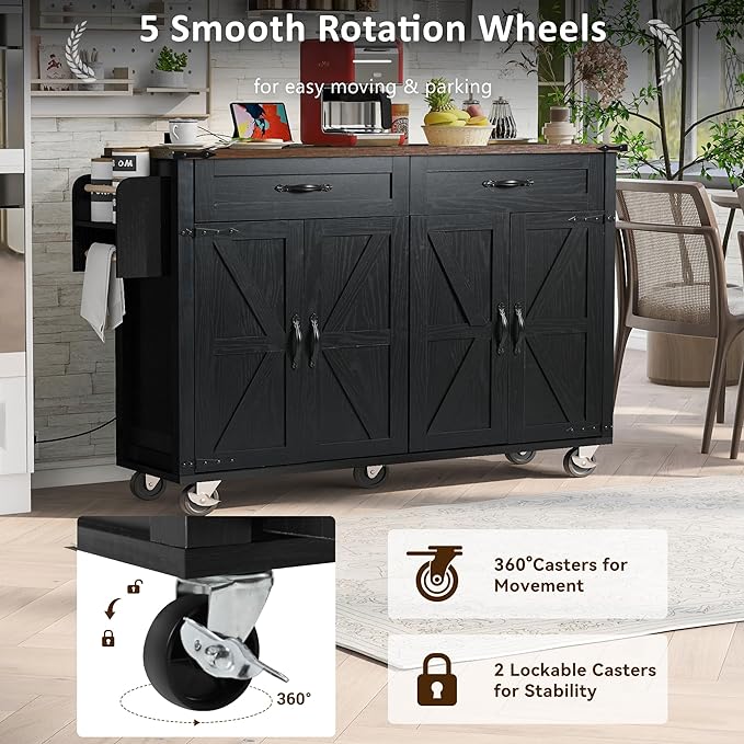 Merax 53.5" Upgraded Kitchen Cart Island on Wheels with Power Outlet,Drop Leaf,Farmhouse Wood Frame Storage Cabinet for Dining Room