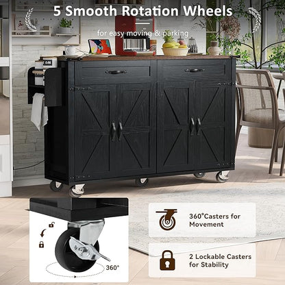 Merax 53.5" Upgraded Kitchen Cart Island on Wheels with Power Outlet,Drop Leaf,Farmhouse Wood Frame Storage Cabinet for Dining Room