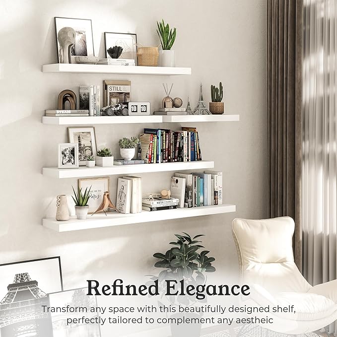 Floating Shelves for Wall, 9.3" Deep Wall Mounted Wood Shelves for Bathroom, Bedroom (White, 48)