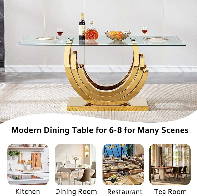 70" Glass Dining Table for 6-8, Modern Dining Room Table with 0.39" Tempered Glass Top and Three U-Shaped Gold Stainless Steel Base, Rectangle Kitchen Dinner Table for Dining Room