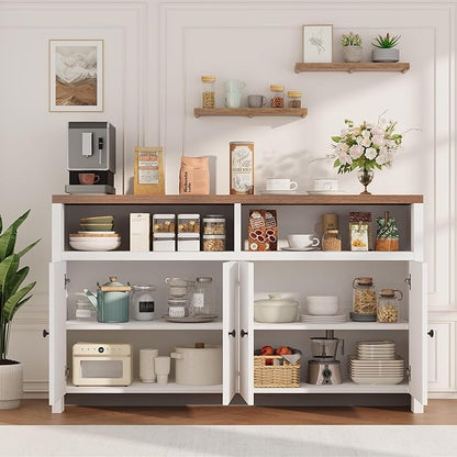 IDEALHOUSE Sideboard Buffet Cabinet with Storage, 55" Large Farmhouse Kitchen Storage Cabinet with 4 Doors & Adjustable Shelves, Wood Coffee Bar Cabinet for Kitchen, Dining Room, Living Room, White