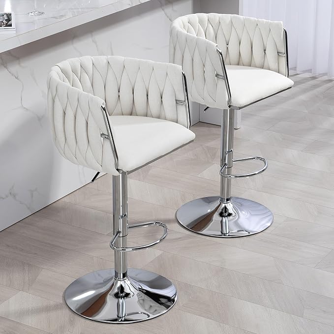 360° Fabric Cover Swivel Bar Stools Set of 2, Adjustable Counter Height Bar Chairs with Woven Back Footrest,Silver Chromed Bar Stools for Kitchen Island, Cafe, Pub (Beige)