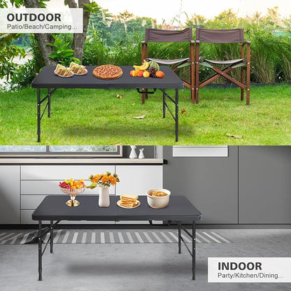Portable 4Ft Adjustable Height Plastic Folding Table, Heavy Duty Fold-in-Half Table with Carrying Handle, Small Utility Foldable Table for Picnic Party Camping BBQ, Indoor/Outdoor(Black)