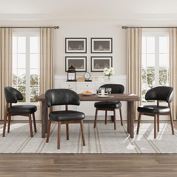 MALOL Wooden Dining Chairs Set of 6, Modern Upholstered Dining Room Chair, PU Leather Kitchen Side Chairs with Curved Open Back for Living Room/Restaurant/Cafe, Black
