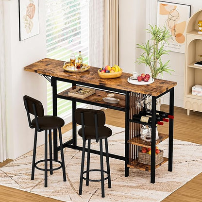 Recaceik 59" Bar Dining Table Set for 2, Bar Table and Chairs Set, Expandable Counter Height Dining Table Set, Small Kitchen Bar Table with Wine Racks & Storage, Breakfast Nook Set for Small Space
