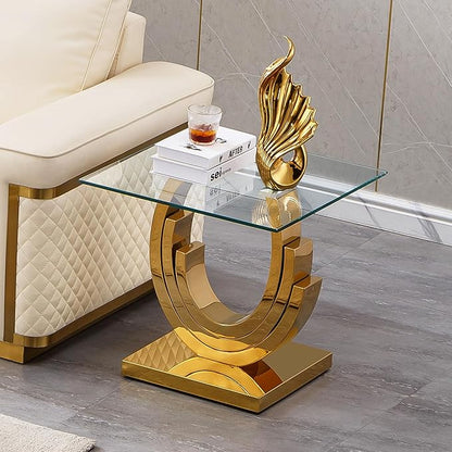HomVent 22.83" Glass End Table, Living Room Tables, Modern Gold Tempered Glass Top Side Tables Bedroom, Square Small Bed Bedside Eating Table Nightstand for Home Office with Stainless Steel Base