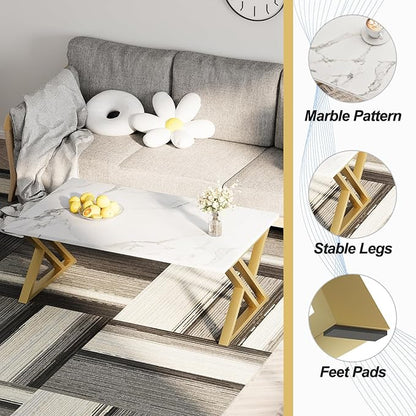 Wolawu Coffee Table Living Room Table White Center Table, Simple Modern Faux Marble Rectangular Tea Tables with Sturdy Gold Metal Frame,Industrial Wooden Coffee Table for Bedroom Home Office